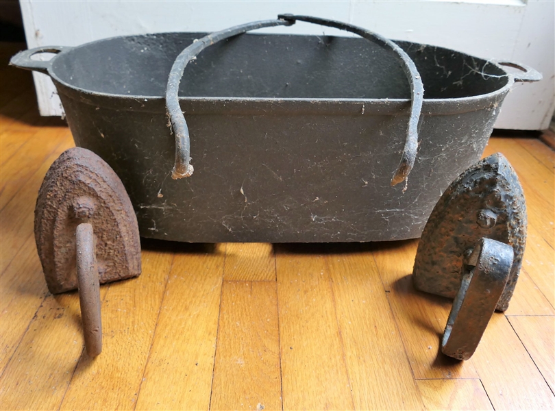 Large Oval Cast Iron Pot, Large Cast Iron Pot Hooks, and 2 Flat Irons - Pot Has Hole in Bottom 