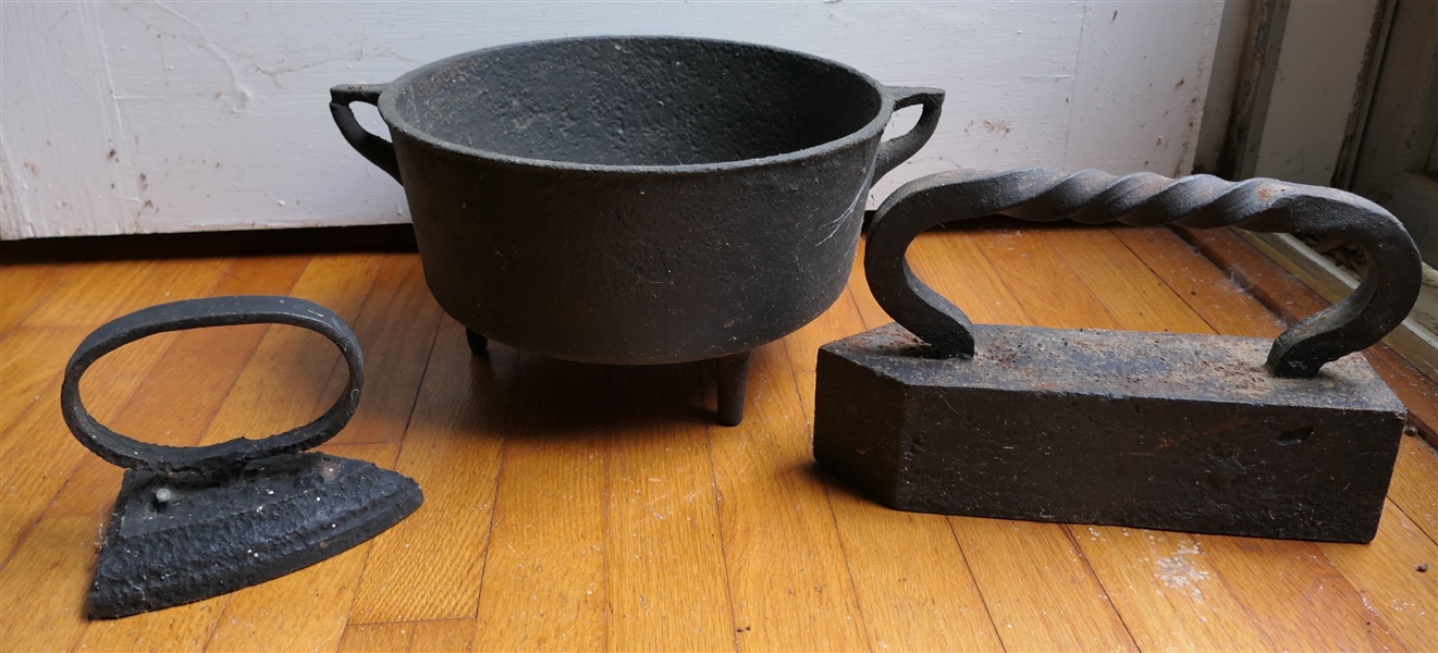 Cast Iron Footed Pot - #2, Flat Iron, Shop Made Iron Door Stop With Twisted Handle