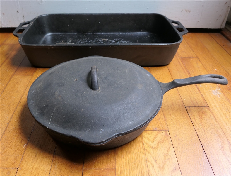 Wagner "1891" 11 3/4" Fat Free Fryer with Lid and Made in USA Cast Iron Fish Pan Measuring 19"  by 11"  -Both Clean 