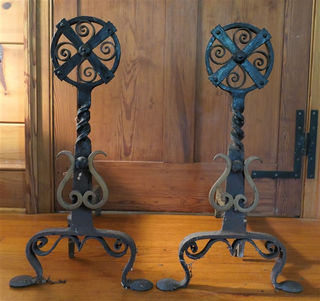 Pair Of Very Nice Blacksmith Shop Made And Irons - Circular Medallions on Tops - Each Measures 24" Tall