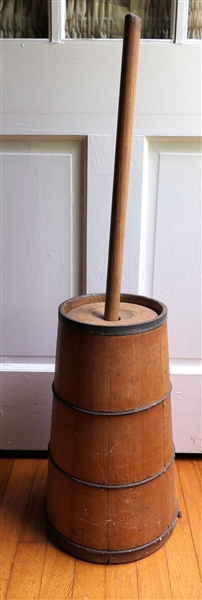 Antique Wood Churn with Lid and Dasher - Good Condition - Measures 18" to Top