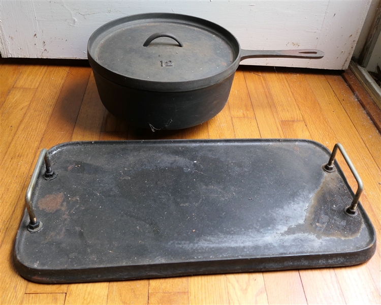 # 12 Footed Cast Iron Pot with Lid and #10 Cast Iron Griddle with Attached Metal Handles  - Griddle Measures 22 1/2" by 11 1/2"
