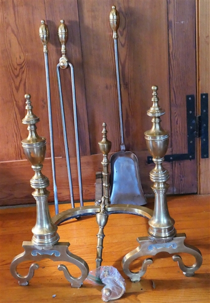 Pair of Fine Brass Andirons and Fire Tools and Brass Tool Bracket - One Spindle on Andirons Needs Attaching 