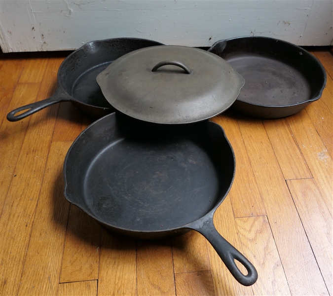 3 #10  Cast Iron Frying Pans and 1 Cast Iron #10 Lid - Marks in include 10 in a Diamond, Wagner Sidney 10, and Wagners "1891" 11 3/4" Skillet 