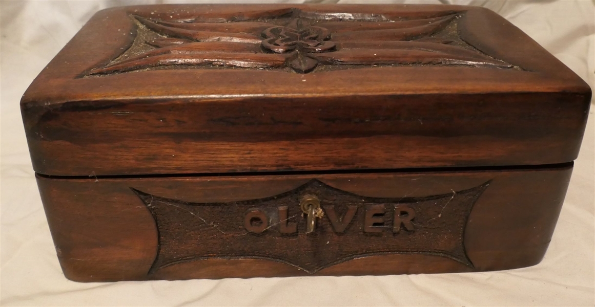 Hand Carved Walnut Document Box - "Oliver" Carved in Front - Flower on Top - Brass Handles on Ends  With Handmade Walnut / Clothespin Doll-Box Measures 5" tall 12" by 6 1/2" 
