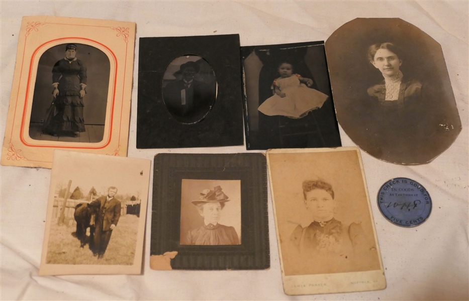 Group of Photographs, Tin Types, and Token - Tin Types Include Baby Girl, 1917 CE Rowel With 17 County Fair Ribbon, & Lady with Umbrella. Token Is For 5 Cents In Goods 
