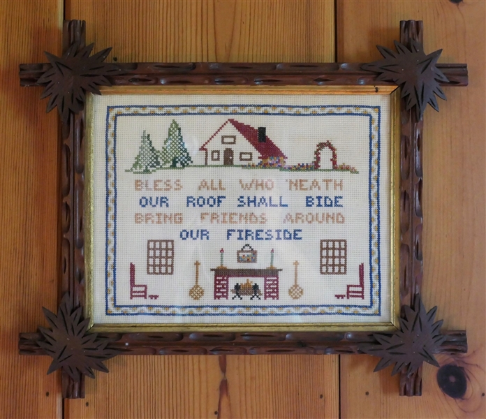 Needlepoint / Cross Stitch Blessing - In Walnut Criss Cross Frame - Frame Measures 11 1/2" by 14 1/2" Not Including Trim 