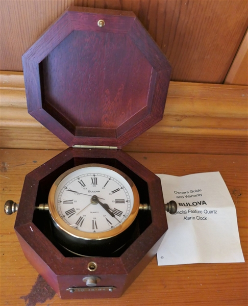 Bulova Quartz "Special Feature Alarm Clock" in Wood Case - Brass Tag on Front Dated 10/18/84 - Box Measures 4" tall 5 3/4" by 5 3/4" 