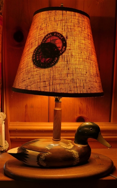 Hand Painted Wood Duck Lamp - Brass Tag "Oliver" Solid Wood Duck and Base - Lamp Measures 12 1/2" To Bulb