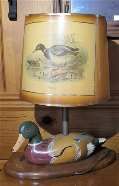 Hand Painted Wood Duck Lamp - Brass Tag "Addison" Solid Wood Duck and Base - Shade with Duck Motif Lamp Measures 12 1/2" To Bulb