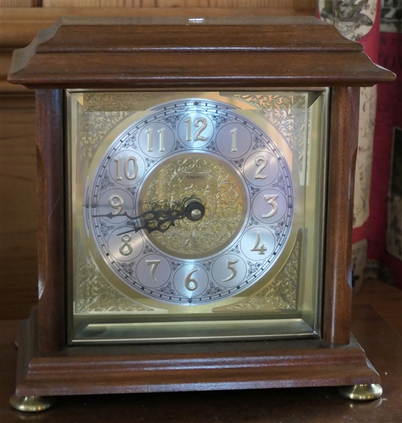 Ansonia Mantle Clock -Fancy Gold Gilt Dial - "CP&L" Button On Top - Wood Case Measures 8 1/2" tall 9" by 5" 