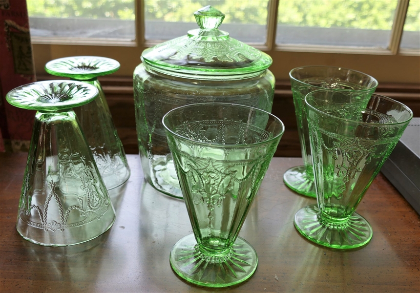 Green Depression "Princess" Pattern Cookie Jar and Footed Glasses - 3 Glasses are Good 2 Are Damaged - Glasses Measure 5" Tall 