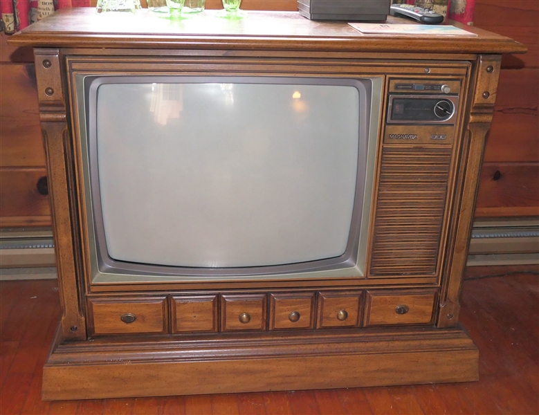 Vintage Magnavox Console Television - Powers On - with - Zenith Color Television Manual - Wood Case Measures 30" Tall 37" by 18 1/2" 