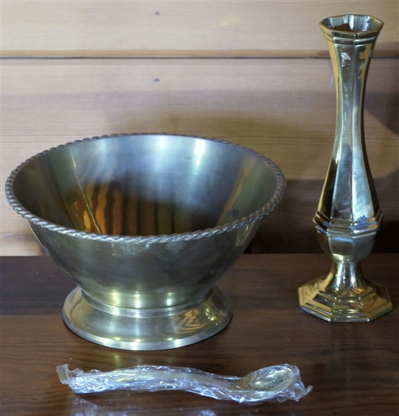 Made in India Solid Brass Bud Vase and Footed Bowl and Silverplate Spoon - Vase Measures 9" Tall Bowl 8 1/4" Across