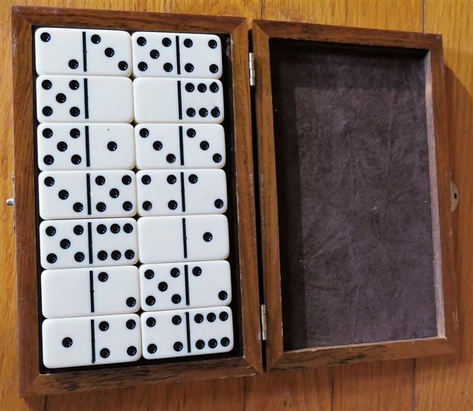 Wood Inlaid Box of Dominos - Box is Velvet Lined - Measuring 1 1/2" tall 8" by 5" 