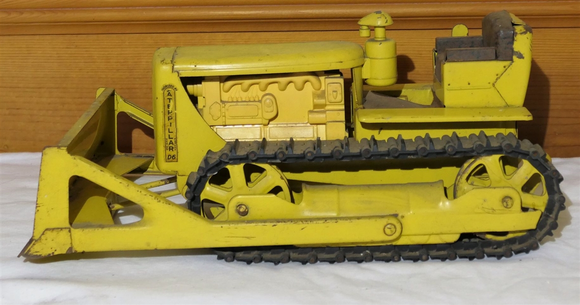 Model Toys "D6 - Authorized by Caterpillar" Bull Dozer -Pressed Steel -  Missing 1 Track - Measures 7" Tall 14" Long