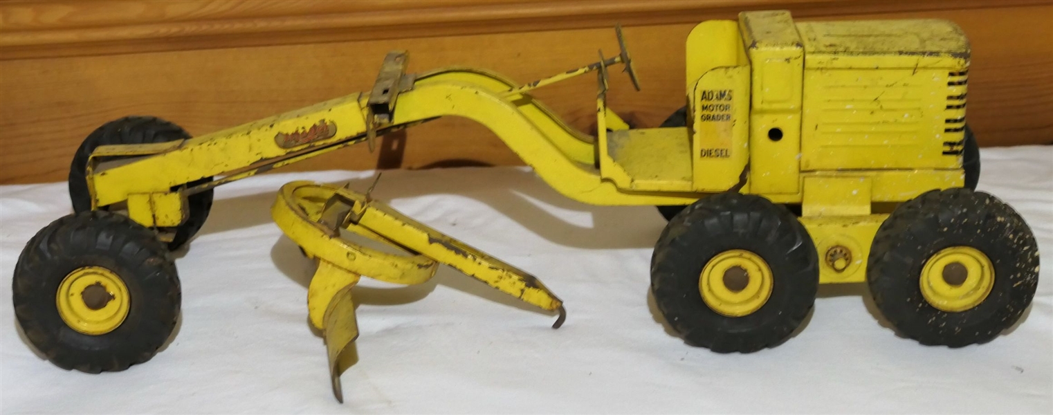 Model Toys "Adams Motor Grader - Diesel" - Pressed Steel - Played With Condition - Measures 7 1/2" tall 24" Long