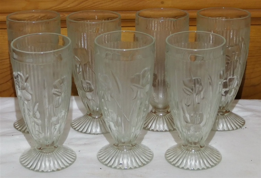 7 Iris and Herringbone Clear Footed Iced Tea Glasses - Measuring 6 1/4" Tall 