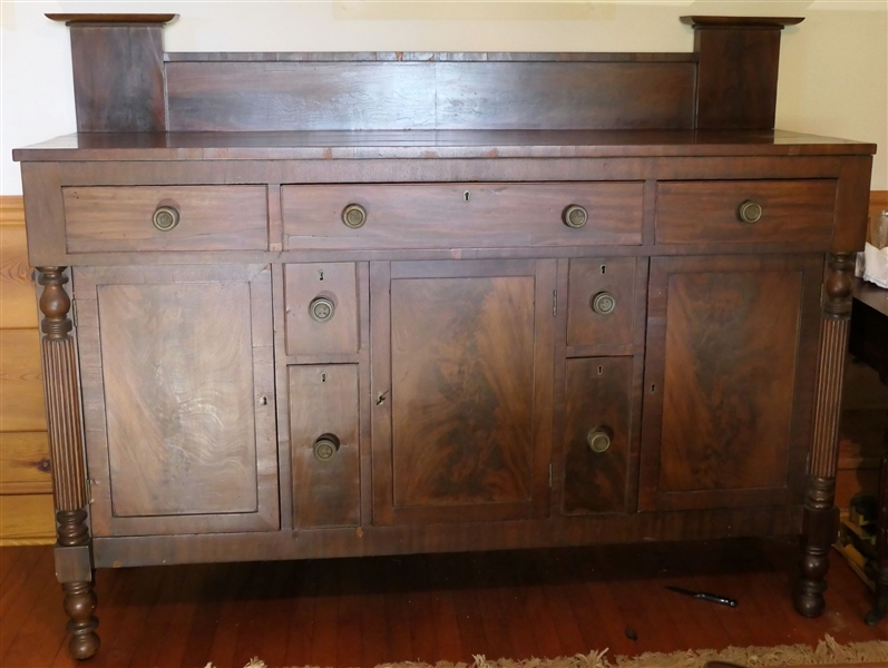 Circ 1840 Eastern Shore Virginia Sheraton Mahogany Sideboard with Dovetailed Drawers - 7 Hand Dovetailed Drawers - 2 Cellarette Drawers - 3 Cabinets with Scalloped Shelves - Reeded Column Details...