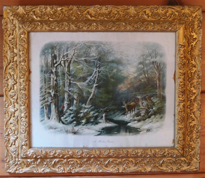 "A Hunters Dream" Print in Nice Gold Gilt Frame - Print Has Some Deterioration - Frame Interior Measures 15" by 19 1/2" 