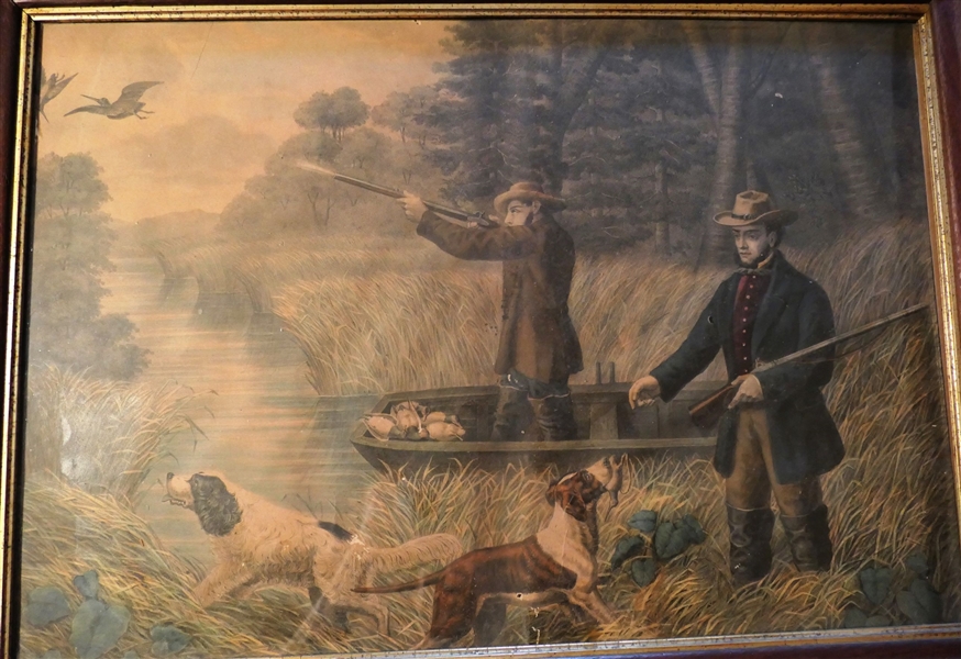 Early Hunting Print in Walnut Frame - Print Features Hunters and Bird Dogs - Frame Measures 19 1/2" by 27" 