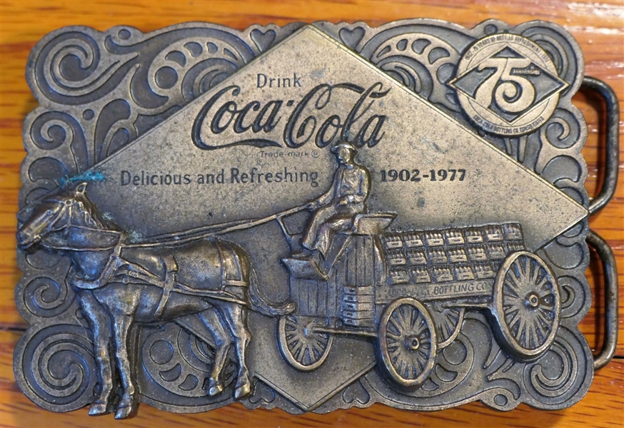 Drink Coca Cola - 1902- 1977 Commemorative Brass Belt Buckle with Opener on Back 