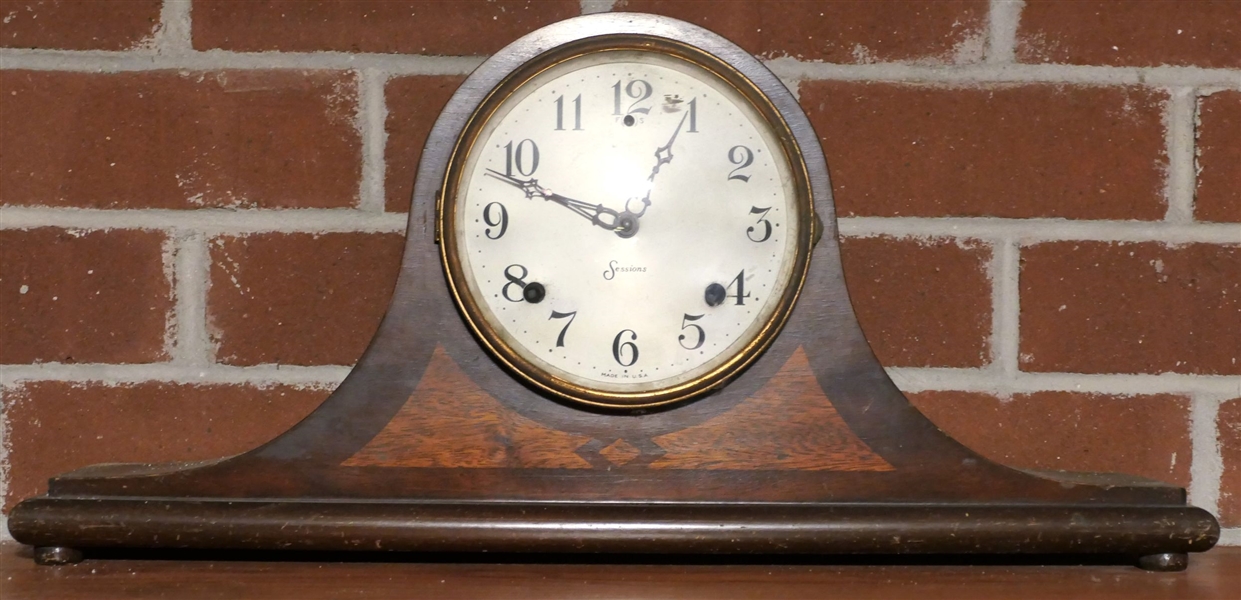Nice Mahogany Inlaid Sessions Mantle Clock - With Works - Clock Case Measures 9 1/2" tall 21" by 4 1/2" 