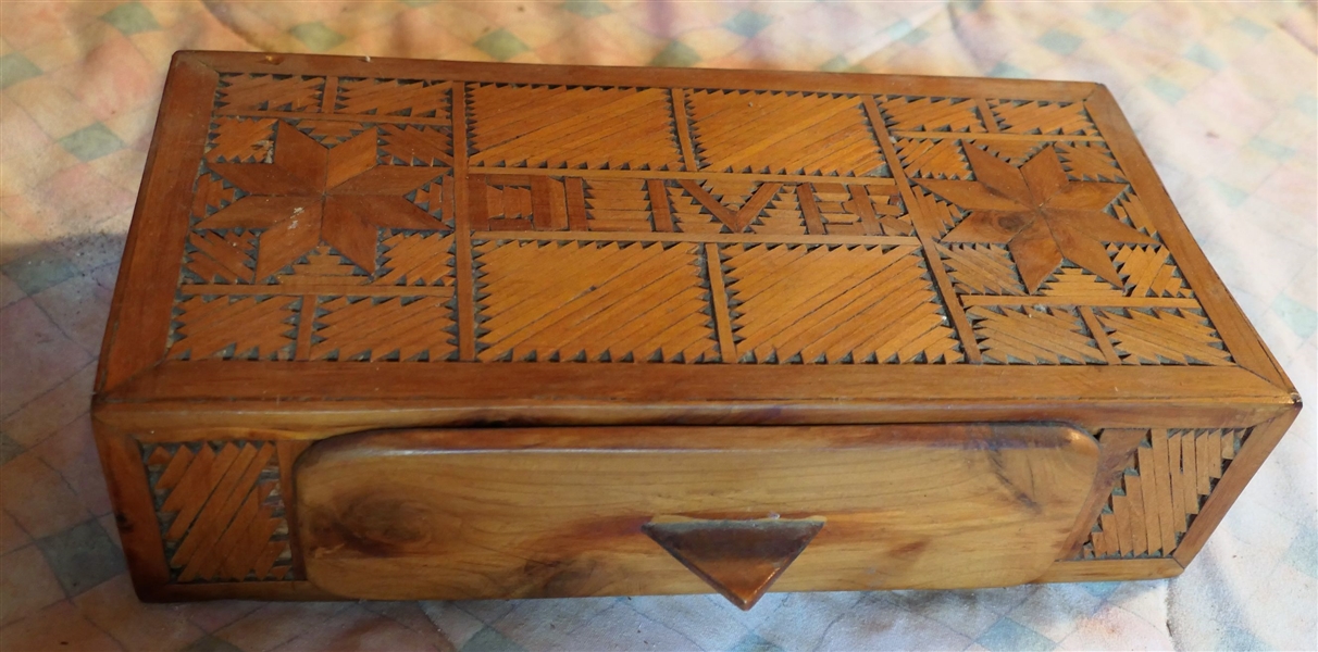 "Oliver" Hand carved Folk Art Box with Drawer - Box Measures 3 1/2" tall 12" by 6"