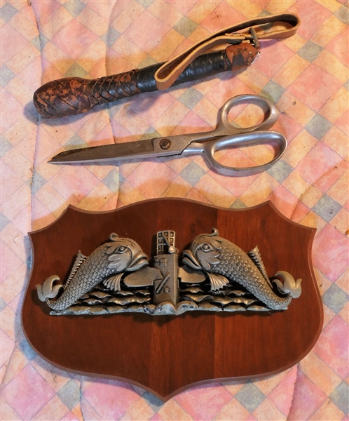 Blackjack Club, Gold Seal Scissors, and US Navy Submarine Plaque - Metal and Wood - Plaque Measures 7" by 10" 