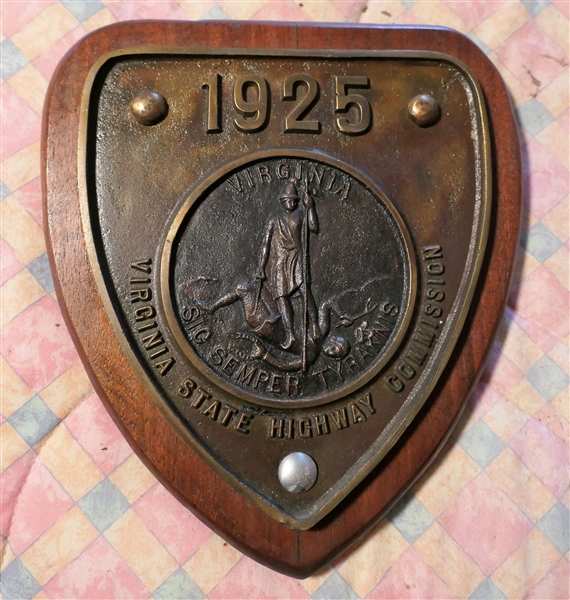 1925 Virginia Highway Commission Bronze and Wood Plaque - Measures 11" by 10" 