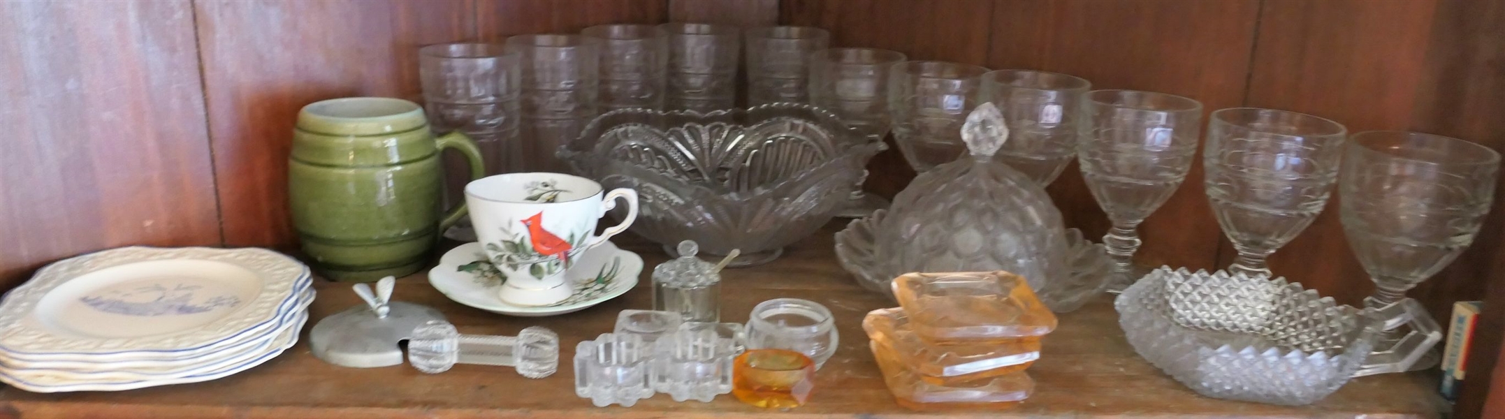 Shelf Lot including Glassware, Cruets, Butter Dish, Early American Press Glass, and Knife Rest