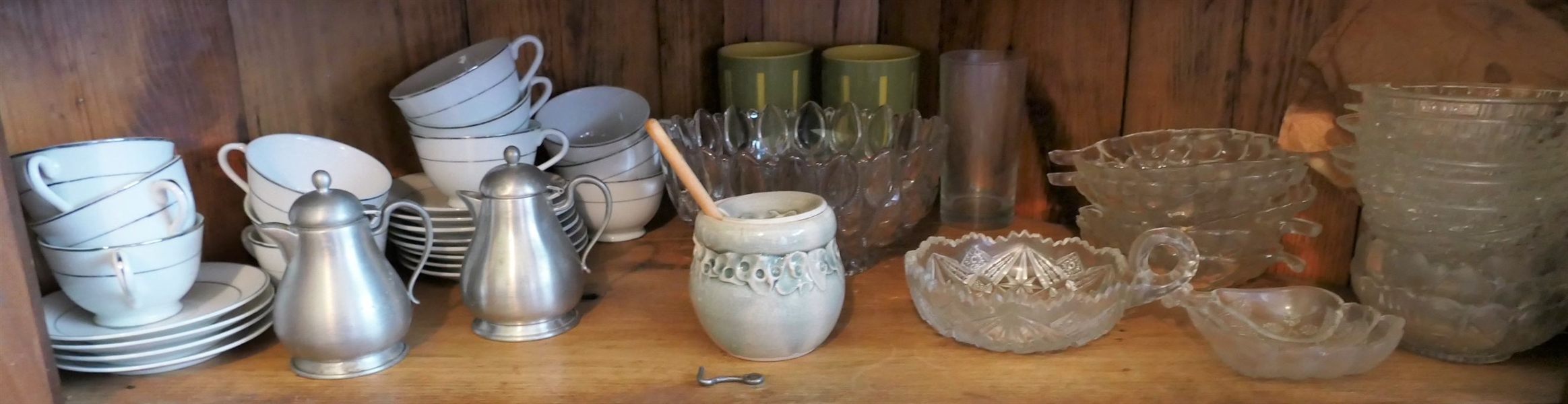 Shelf Lot including Honey Pot, Early American Press Glass, Nappy, Cup & Saucer Sets, and Bowls