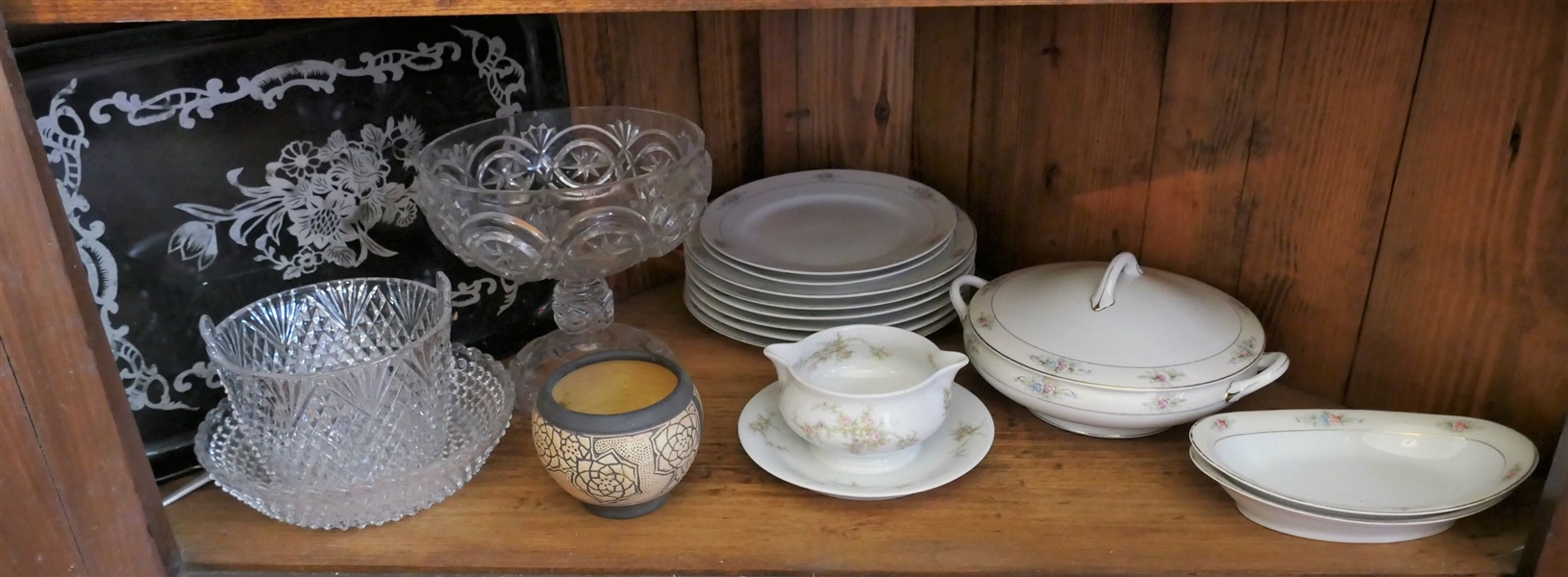 Shelf Lot including Hand Painted Nippon China and Covered Bowl, Early American Press Glass Compote, Diamond Point Ice Bucket and Bowl, and Art Pottery