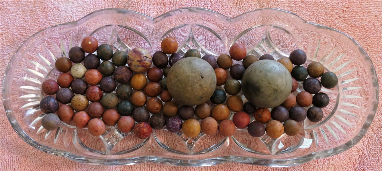 Lot of Clay Marbles - Small Marbles and 2 Shooters - In Oval Glass Dish 