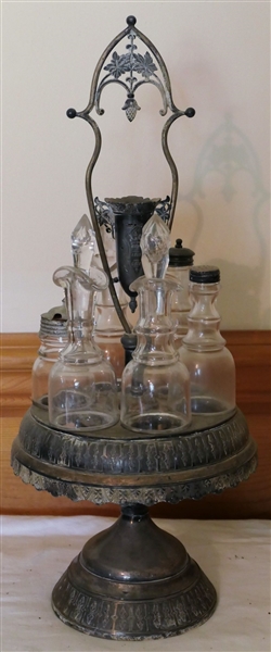 Nice Victorian Cruet Set - Revolving Silverplate Holder with 6 Bottles -  Measures 20" Overall
