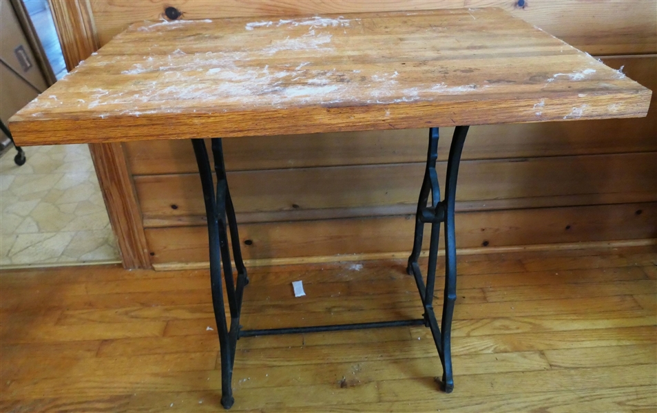 Biscuit Roller Table With Butcher Block Top - Table Measures 29" tall 34" by 24" - Top Has Residue From Table Cloth - Also Includes Biscuit Roller That Attaches to Side - Pictured Separately 