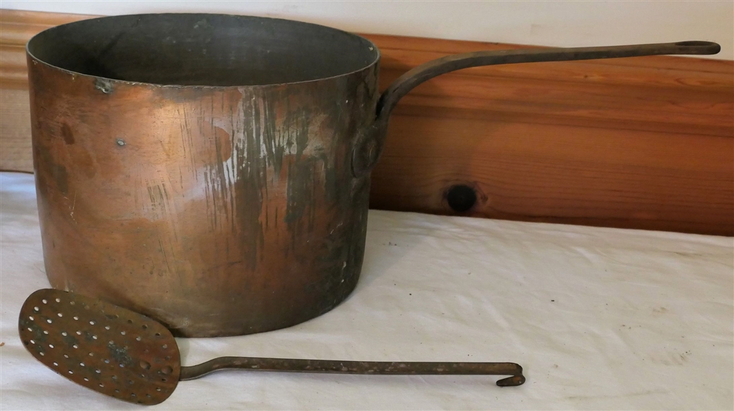 Large Heavy Signed AB Jos Heinrichs Pure Copper - New York -  Copper Pot with Strainer/Dipper - Pot Measures 9" tall 12" Across - Stamp Was Mis struck - Letters Are Doubled and Overlapping 