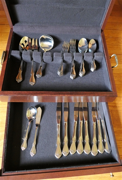 45 Pieces of Oneida Flatware in Nice Felt Lined Wood Box - Flatware Appears Unused - Was Gift To Addison Oliver in Honor of His Retirement From Progress Energy - Brass Tag on Top of Silver Box