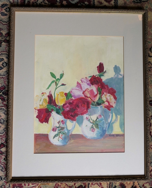 Oil on Board Still Life Painting of Flowers - Artist Signed - Framed and Matted in Beautiful Gold Frame with Grapes and Leaves - Frame Measures 20 3/4" by 14 1/2" 