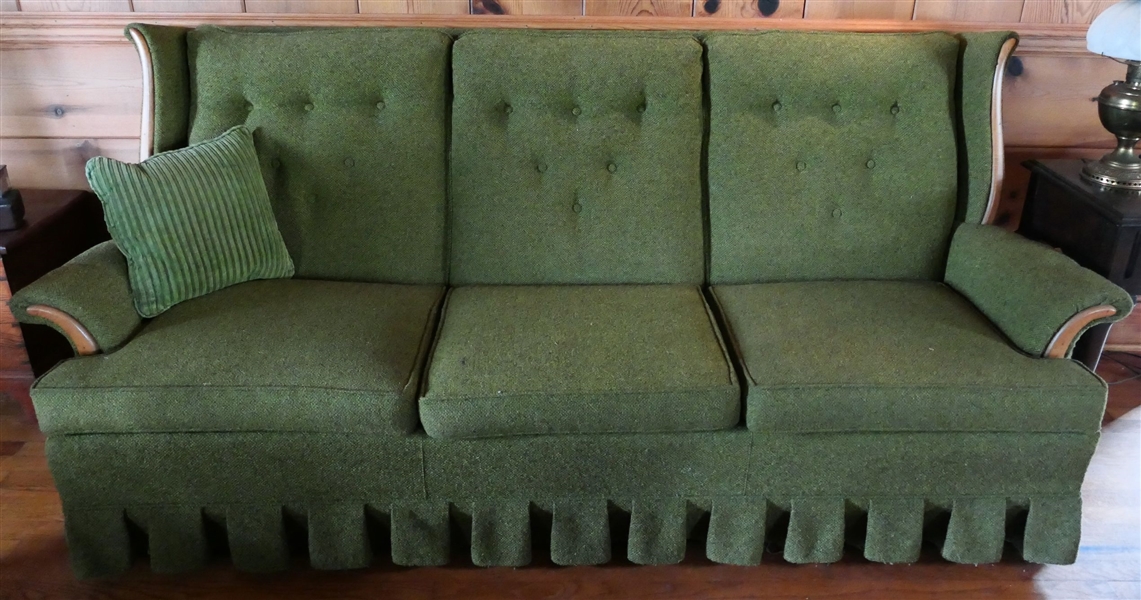Vintage Green Tweed Sofa with Button Tufted Back - Wood Accents - Pleated Skirt - Measuring 38" Tall 87" Long