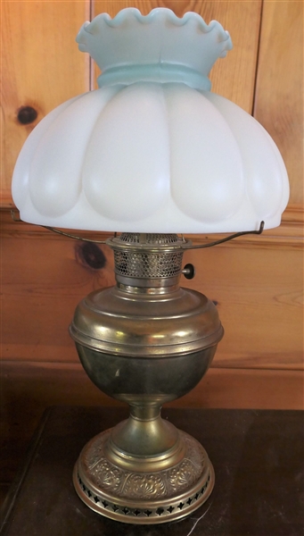 Bradley and Hubbard Brass Oil Lamp Style Lamp with Blue and White Satin Glass Shade - Lamp Has Been Electrified - Measures 18" Overall