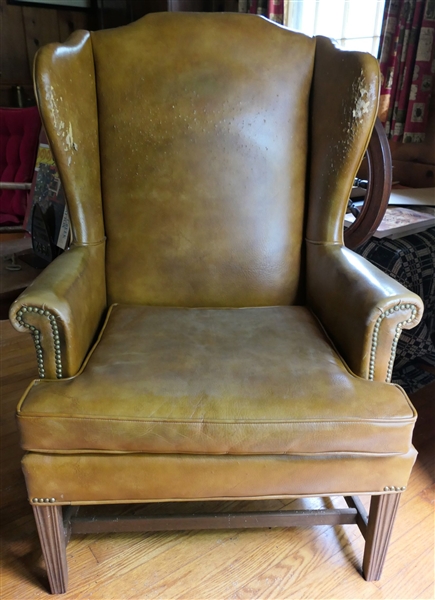 Moore of Bedford INC - Naugahyde Wing Back Chair with Nail Head Trim - Chinese Chippendale Style - Some Damage to Cover - Has Additional Custom Slipcover - Chair Measures - 44" Tall 28" by 24" Deep 