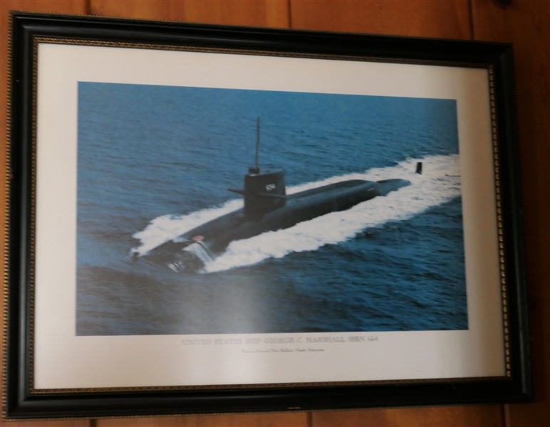 United States Ship George C. Marshall, SSBN 654 - Nuclear Powered Fleet Ballistic Missile Submarine - Print - Framed - Frame Measures 20 1/2" by 28 1/2" 