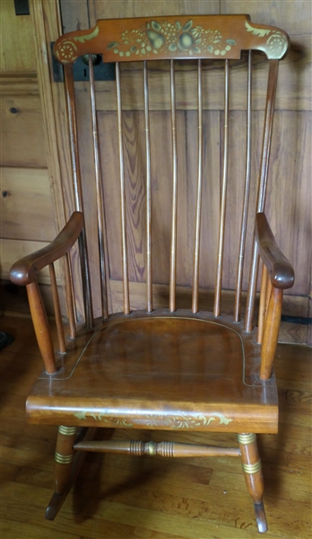 Nice Nichols & Stone Maple Boston Rocker with Stencil Decorated Back - Gold Details on Turned Legs 