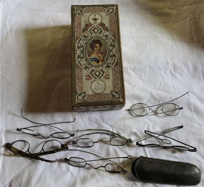 6 Pairs of Antique Spectacles in Handkerchief Box 