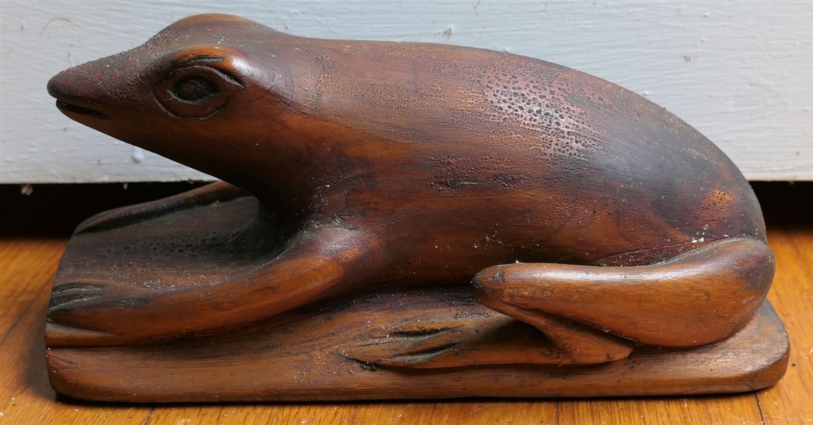 Hand Carved Wood Frog - Carved From Single Piece of Wood - Measures 3 1/2" Tall 8" by 3" 