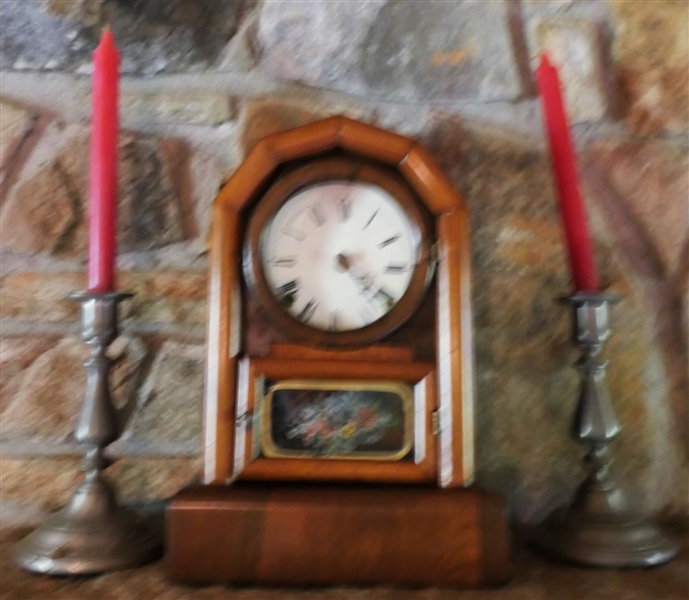 Mantle Clock with Works - Reverse Decorated Door  and Pair of International Pewter 8 1/4" Candle Sticks