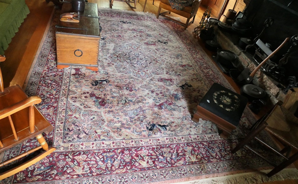 Large Persian Hunting Scene Machine Made Wool Rug - Measures 124" by 89" 