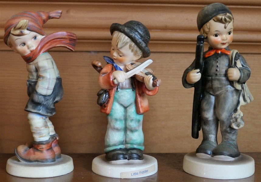 3 Goebel Hummel Figures - Full Bee Little Boy with Red Scarf, Boy with Ladder, and Boy Playing Violin 