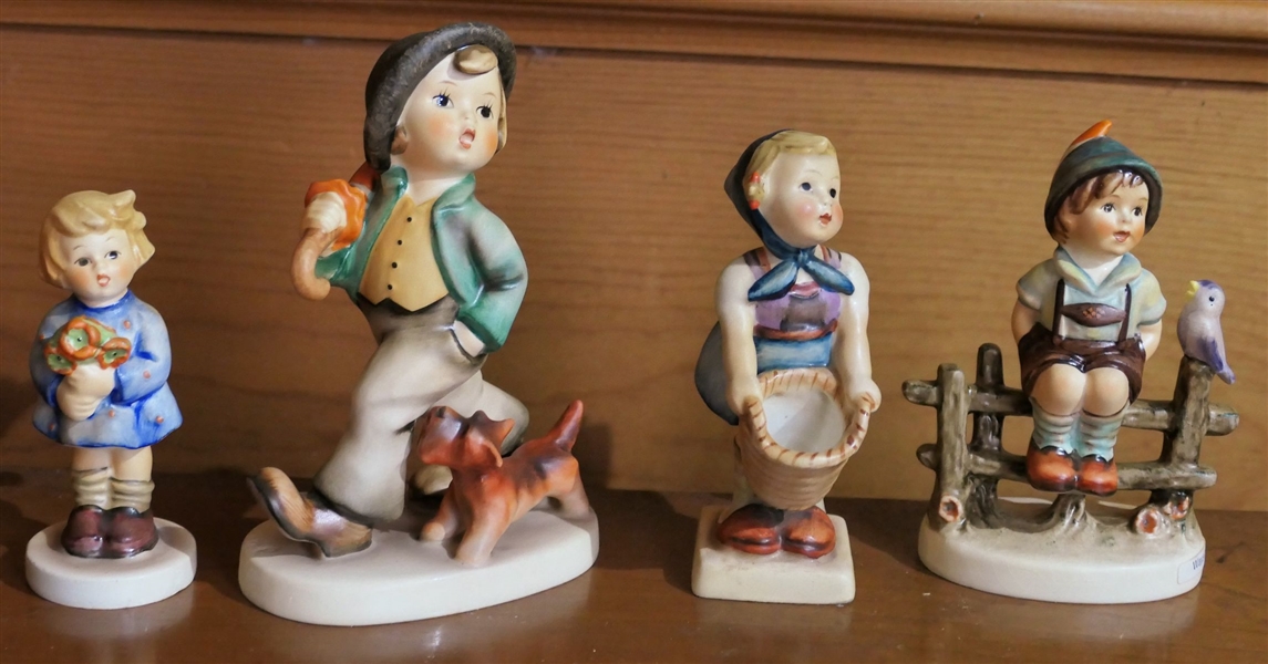 4 Goebel Hummel Figures - Little Girl with Basket - Crown Mark, "Strolling Along" and 2 Others - Boy on Fence and Little Girl 